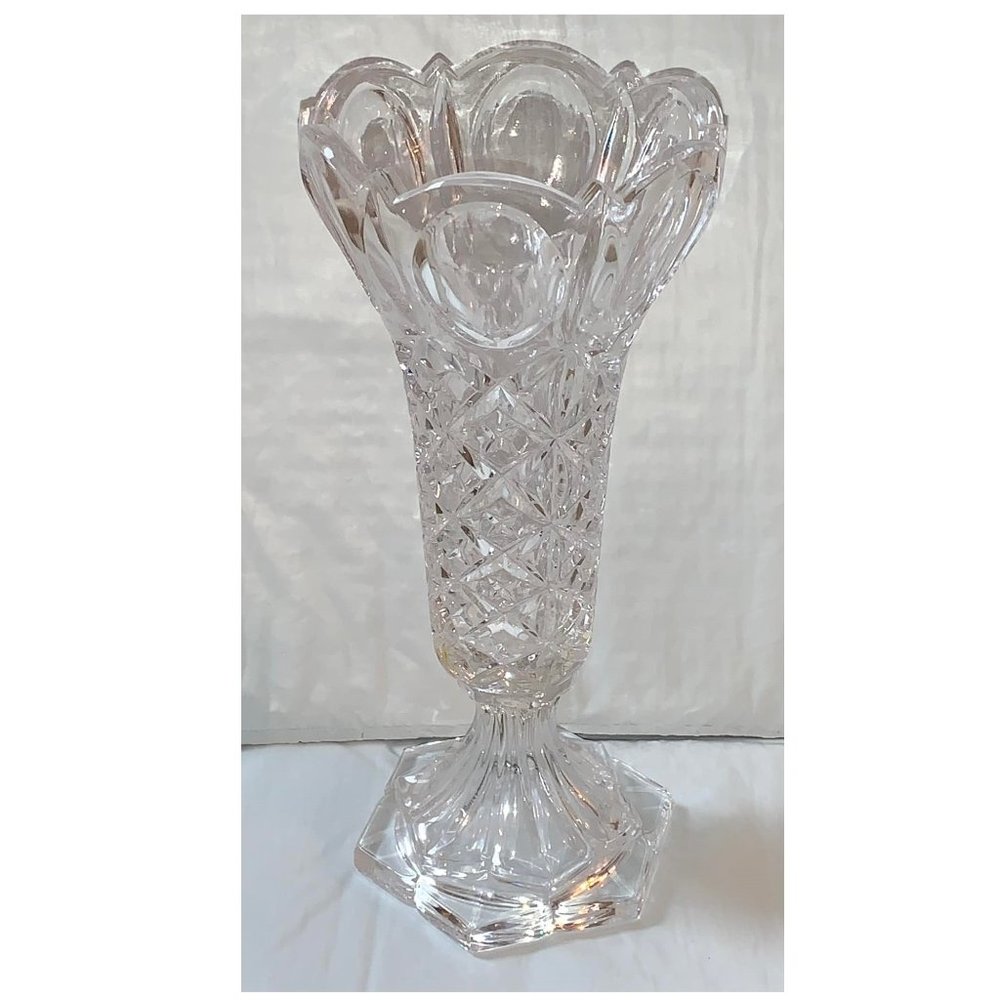Crystal Ornate Clear Glass Vase (10" tall & 7" deep)